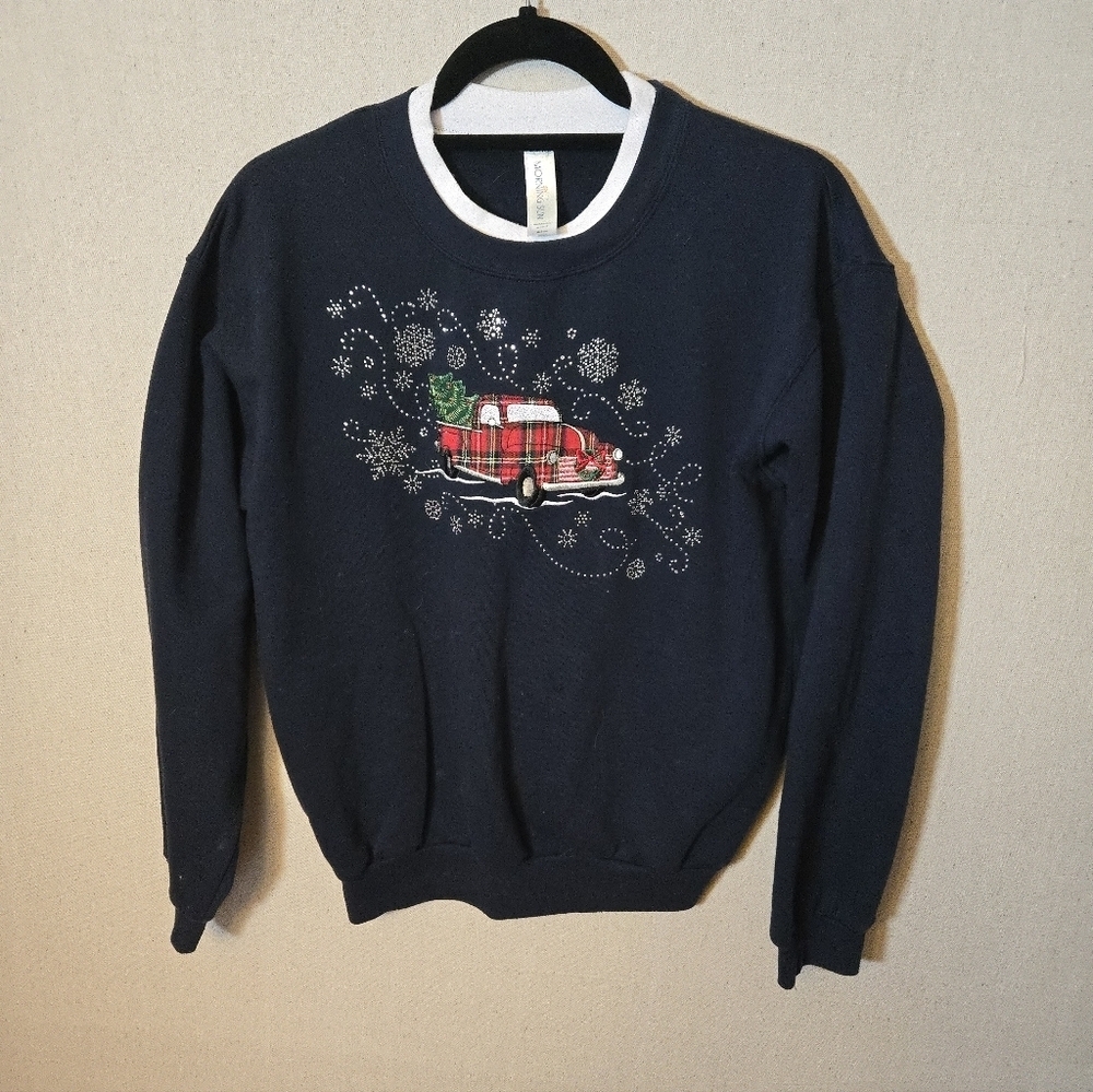 Navy Blue Sweatshirt with Festive Truck Design